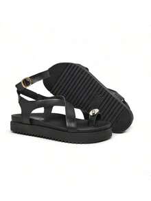 Sandals With Cross Straps, Summer Flat Sandals, Toe Decoration - 黑色 - 查看 2