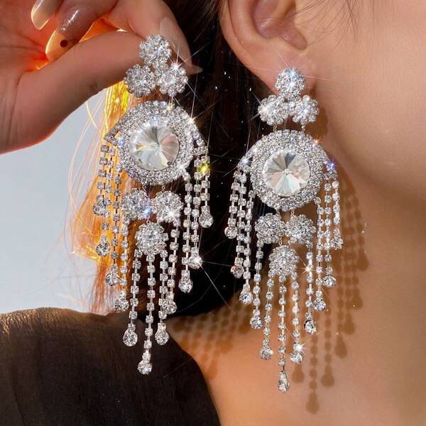 1 Pair Exaggerated Luxury Round Geometric Rhinestone Tassel Earrings, Suitable For Women's Party And Formal Occasions
