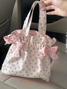 简约甜美单肩包大容量印花托特包时尚甜美系蝴蝶结收纳手提包帆布腋下包女 - 彩色 - 查看 9