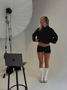 Womens Loungewear Set, Oversized Polka Dot Hoodie With Matching Shorts  White Black Dot Casual Two Piece Outfit For Women - 黑色 - 查看 7