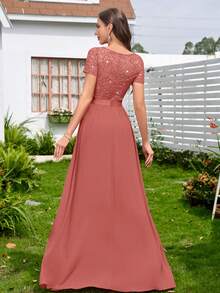 MIUSOL Đầm chiffon đính sequin, ren hoa, phối màu tương phản, cổ tim, thắt eo, viền bèo nhún, thích hợp làm đầm phù dâu, đầm dạ hội, đầm dự tiệc cưới mùa xuân. - Bụi hồng - Xem 4