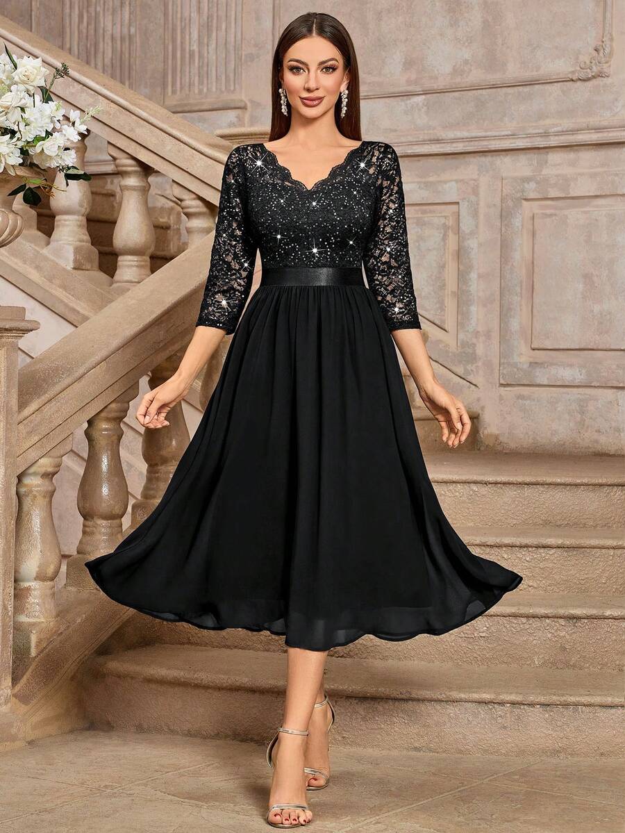 MIUSOL Elegant Black V-Neck Sequin Lace Ruched Chiffon A-Line Flowy Hem Midi Dress, 3/4 Sleeves, For Wedding Guest, Cocktail Party, Graduation Or Formal Evening Events - 黑色 - 查看 1