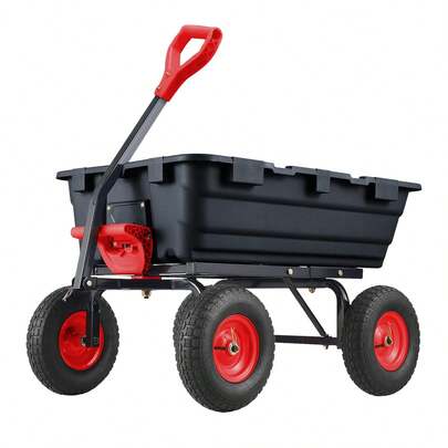 Carro de jardín con función de vuelco hasta 363 kg, 150 kg inclinado, carro de transporte con zona de carga cerrada de plástico - carro de jardín para su equipo, grandes ruedas neumáticas