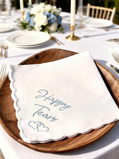 1/4件刺绣婚礼手帕，扇形边，梦幻蓝色主题，适合新娘婚礼当天使用，也可作为送给新娘母亲的礼物，或用于夏季生日、海滩装饰、返校季或房间装饰。