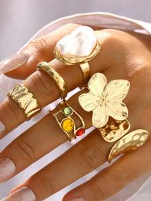 6/8/14/20pcs Set Minimalist Cute Chic Flower Rings, Asymmetrical Multi-Element Fashion Jewelry, Party/Birthday Gift, Daily Accessory