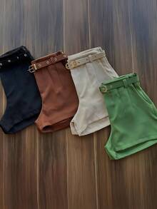 Women's Tailored Shorts With Pocket And Lined Belt, High Waist - 黑色 - 查看 3