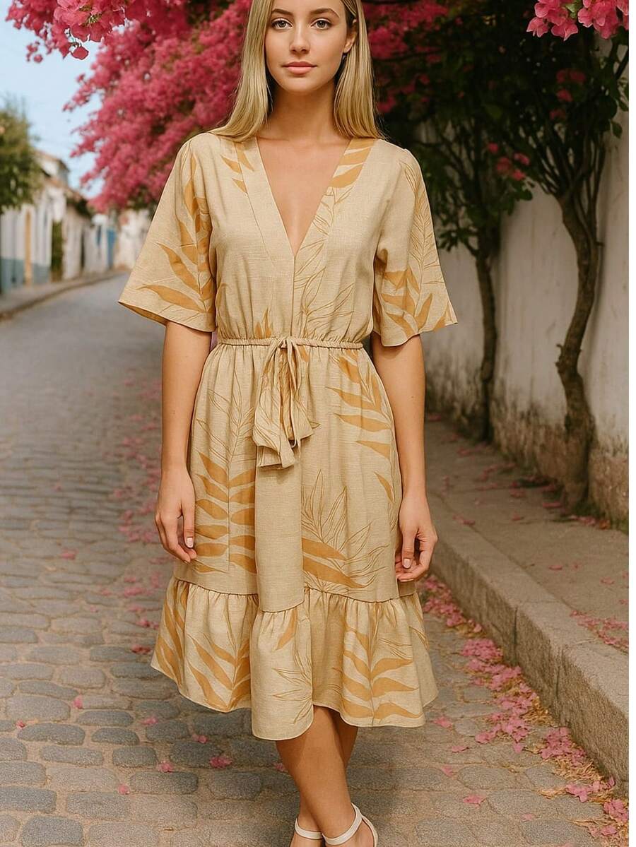 Casual Printed Summer Dress - Beige - View 1