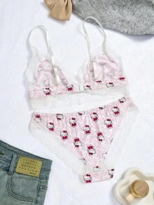 Sanrio 2pcs Women's Contrast Lace  Bra And Panty Set