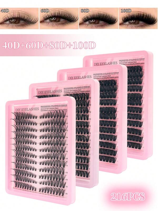 Novo Conjunto de 192 peças/216 peças de Cachos de Cílios Fofos 40D/60D/80D/100D, Extensões de Cílios Individuais Grossos em Cachos, Cílios em Cachos Individuais Encaracolados Tipo D de 10-20mm Esfumados