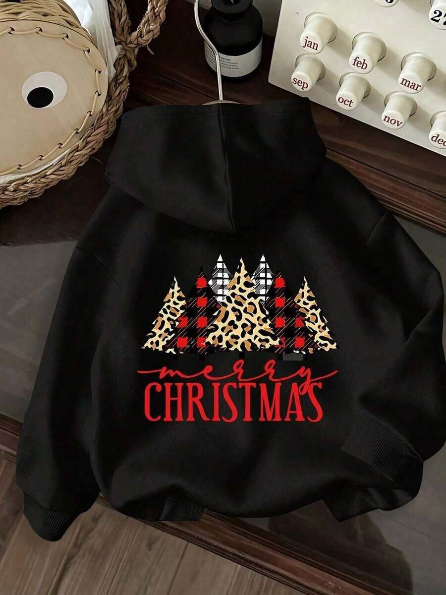 35% Fleece Lined Hooded Sweatshirt Men  - Red Plaid And Leopard Print Tree Back Design, Gingerbread And Plaid Pattern, Soft Loose Long Sleeve Pullover, Pocket, Washable Winter Warmth, Fleece Lined, Suitable Parties And Casual Wear Holiday Sweater,Fall Hoodies,Men's Fall Clothes,Street Wear,Halloween,Mens Hoodies,Y2k Clothes,Jesus Hoodie,Thanksgiving Day,Nightmare Before Christmas,Christmas - 黑色 - 查看 1