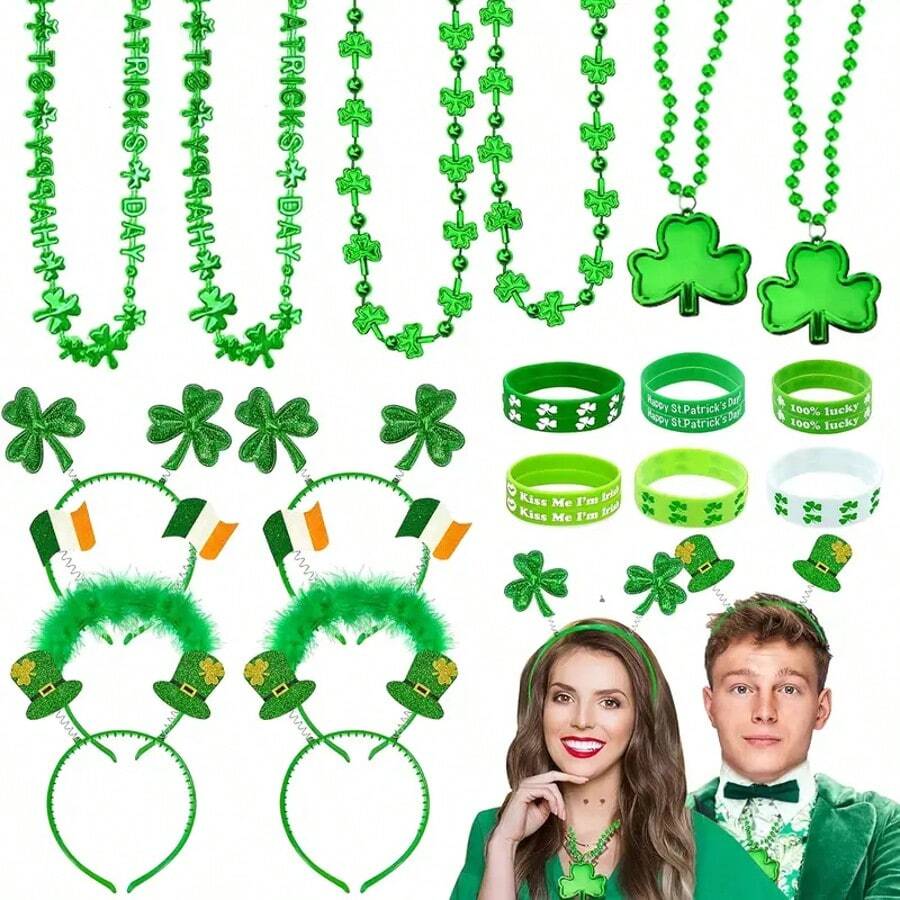 St. Patrick's Day Accessories Set, Clover Bead Necklace, Clover Flag Headband, Rubber Bracelet, St. Patrick's Party Gift, Irish Party Supplies, St. Patrick's Day Accessories, Suitable For Role Playing, Parties, Gatherings. Suitable For Friends To Dress Up