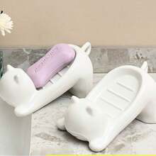 Adorable Cartoon Cat Soap Dish – Decorative Plastic Soap Drainer With Smooth White & Pink Finish, Fun Bathroom Soap & Sponge Holder, Stylish Soap Tray | Charming Bathroom Accessories | Sleek Plastic Design, Soap Holder