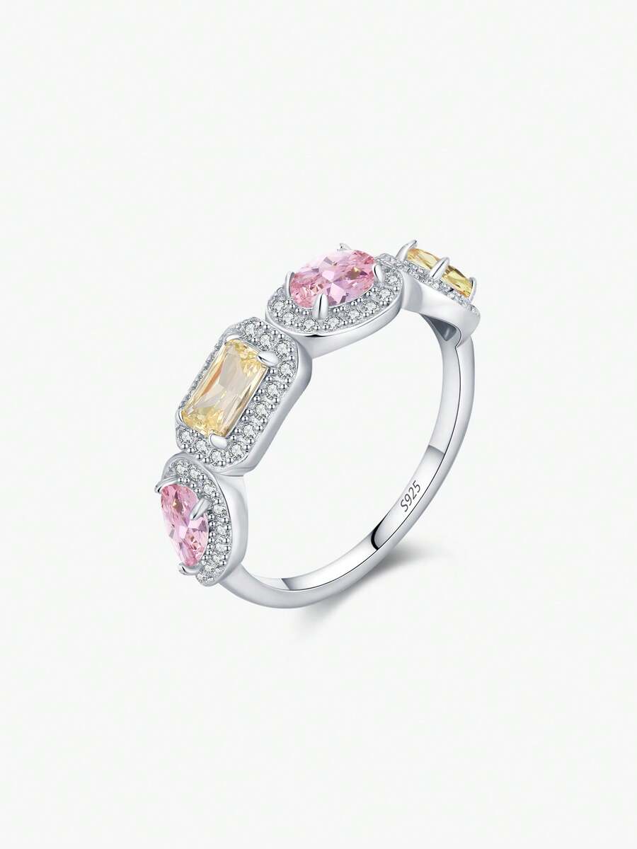 Anillo de plata de ley 925 MODIAN de lujo con rectángulo rosa y amarillo, anillo de eternidad exquisito con cubo de azúcar para mujer, joyería fina - Plateado - Ver 1