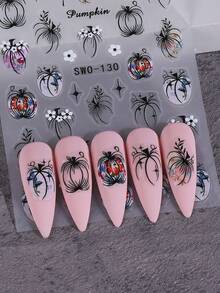 2PCS Fall Pumpkin 5D Embossed Nail Stickers Simple Pumpkin Flowers Black Edge DIY Designs 5D Autumn Nail Art Decals Self-Adhesive Sliders For Women Autumn Thanksgiving Manicure Accessories - 彩色 - 查看 5