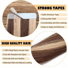20PCS 50G Tape In Hair Extensions Human Hair,#4P27 Highlight Color,16-26 Inch Double Sided Tapes Ins Human Hair Extensions,Adhesive Extension Seamless Invisible,Silky Straight With Thick Ends,Remy Human Hair Add Length For Woman Everyday Hairstyle - S4/27 - View 4