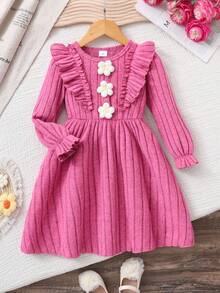 Young Girls Round Neck Knitted Long Sleeve Pleated Waist Ruffle Floral Decor Ribbed Dress, Sweet & Cute Fashion Princess Dress, Soft & Comfortable, Suitable For Autumn/Winter