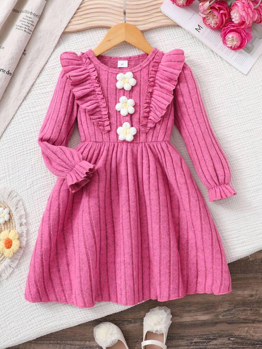 Young Girls Round Neck Knitted Long Sleeve Pleated Waist Ruffle Floral Decor Ribbed Dress, Sweet & Cute Fashion Princess Dress, Soft & Comfortable, Suitable For Autumn/Winter
