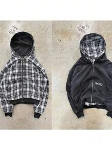 Autumn And Winter Hooded Sports Sweater Set Fake Two Pieces Front And Back Wear Y2K Plaid Shirt Zipper - 1 - Xem 2
