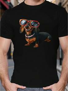 Men'S Funny Dachshund In Glasses Graphic T-Shirt - Black Casual Tee With Red Fashion Glasses Design, Soft Knit Fabric Crew Neck Shirt For Everyday & Themed Events - Perfect Gift For Dog Lovers, Dog Tshirt, Playful Outfit, Humorous Design, Comfortable Fit, Leisure Clothing, Geometric Pattern, Breathable Material, Short Sleeve Top, Adult Apparel, Summer Fashion, Stretchy Fabric, Printed Tee, Adult Men - màu đen - Xem 1