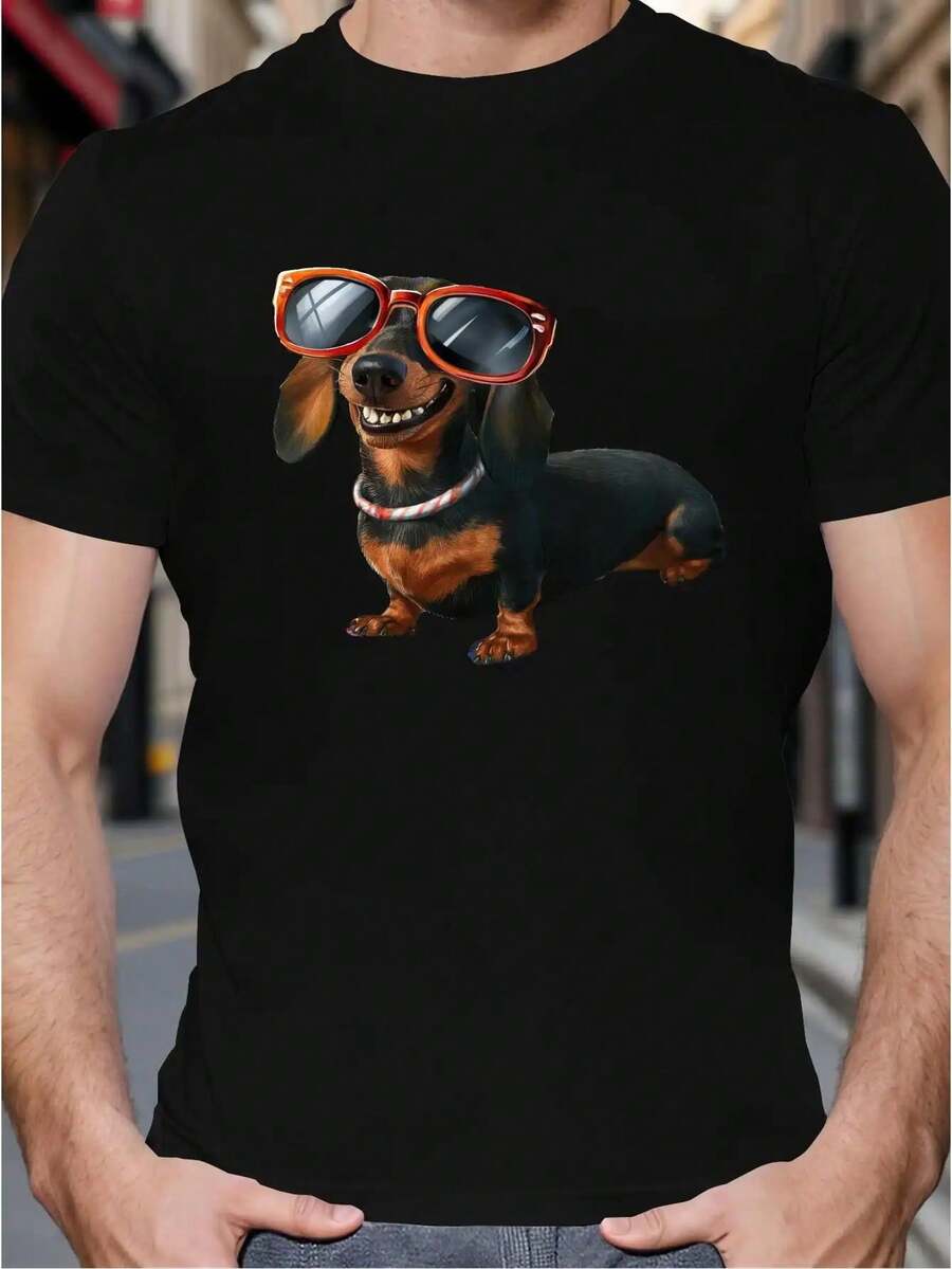 Men'S Funny Dachshund In Glasses Graphic T-Shirt - Black Casual Tee With Red Fashion Glasses Design, Soft Knit Fabric Crew Neck Shirt For Everyday & Themed Events - Perfect Gift For Dog Lovers, Dog Tshirt, Playful Outfit, Humorous Design, Comfortable Fit, Leisure Clothing, Geometric Pattern, Breathable Material, Short Sleeve Top, Adult Apparel, Summer Fashion, Stretchy Fabric, Printed Tee, Adult Men - màu đen - Xem 1