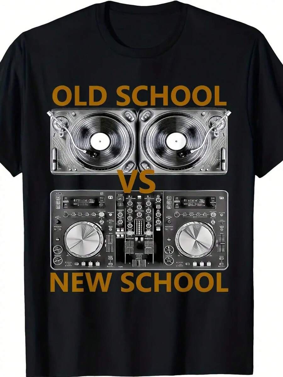 Old School DJVs Vs New School DJ Graphic T-Shirt - Men'S Casual Tee With Turntable Design, Bold Lettering & DJ Elements, Street Style Short Sleeve Shirt For Summer, Weekend Casual Wear| Graphic Tee| Quality Prin - 黑色 - 查看 1