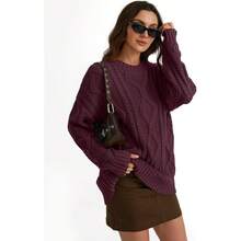 2025  Women's Oversized Cable Knit Crewneck Sweaters - Wine Red - View 5