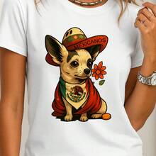 Camiseta estampada manga corta cuello redondo hermoso gráfico lindo chihuahua mexicano y flores para mujer, blusa gráfica corte regular casual, playera elástica. Ajuste cómodo para uso diario - Blanco - Ver 2
