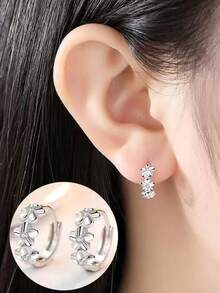 925纯银小玫瑰花圆形耳环，镶嵌AAA级锆石，女士魅力订婚结婚首饰 - 銀色 - 查看 6