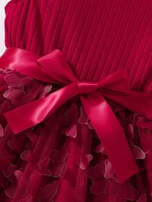 Young Girl' Burgundy Ribbed Cap Sleeve 3D Butterfly Mesh Elegant Dress With Belt, Suitable For Christmas Party - Burgundy - View 4