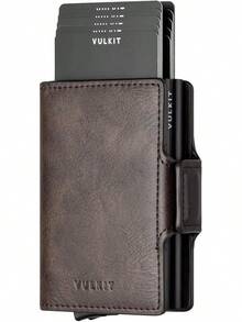 VULKIT Portatarjetas de crédito con bloqueo RFID de piel automático plegable delgado con clip de dinero doble para hombres y mujeres - Café exprés - Ver 15