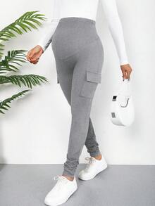 Maternity Grey/Light Grey Slim Cargo Pants With Abdominal Support Design, High Stretch Knit Fabric Elastic Waistband, Ruched Ankle Ruffle Detail, Comfortable For Daily Work, Casual And Home Wear Spring - Grey - View 6