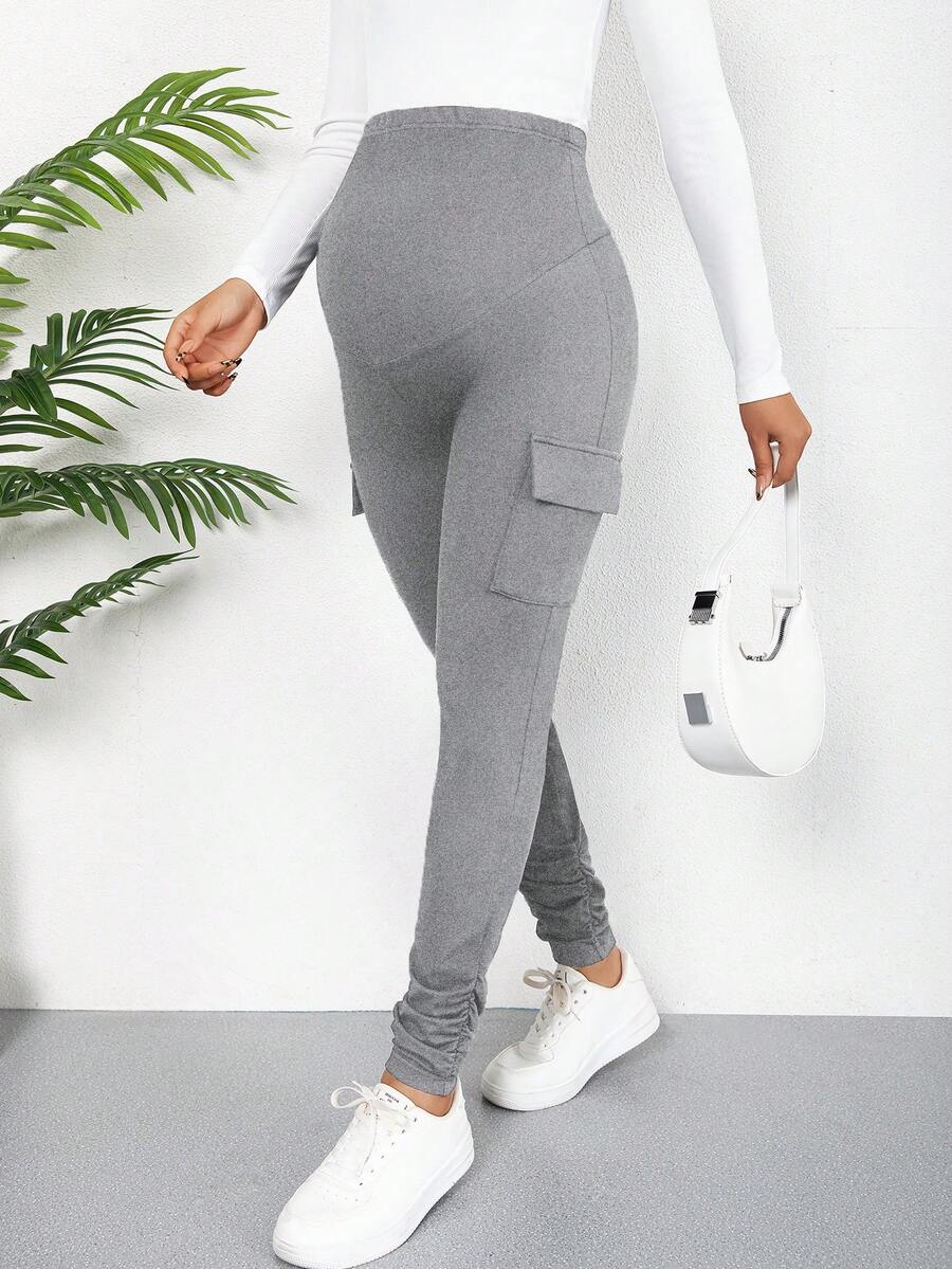 Maternity Grey/Light Grey Slim Cargo Pants With Abdominal Support Design, High Stretch Knit Fabric Elastic Waistband, Ruched Ankle Ruffle Detail, Comfortable For Daily Work, Casual And Home Wear Spring - Grey - View 1