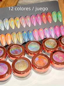 12 Colors/Set Holographic Nail Polish, 3D Mirror Effect Metallic Glitter Powder, DIY Nail Art Design - 彩色 - 查看 1