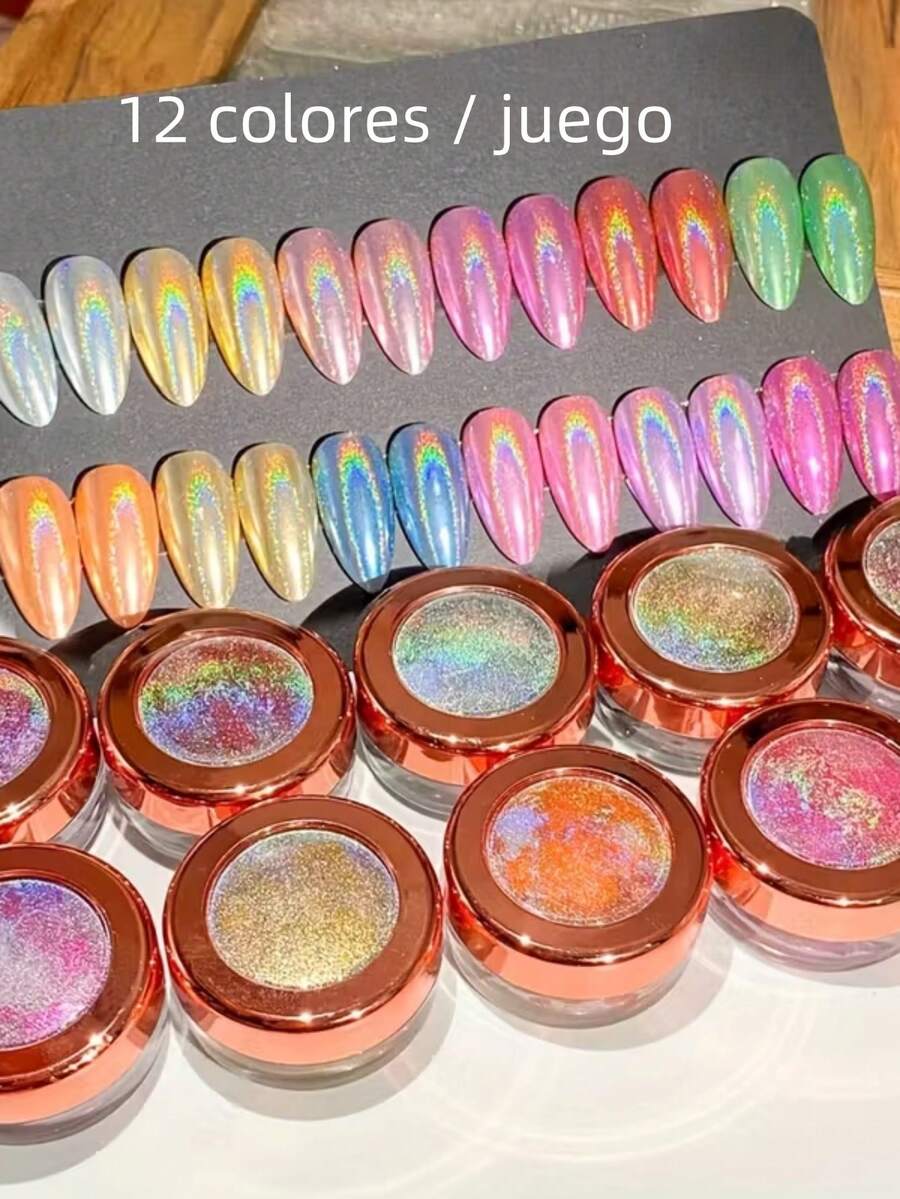 12 Colors/Set Holographic Nail Polish, 3D Mirror Effect Metallic Glitter Powder, DIY Nail Art Design - 彩色 - 查看 1