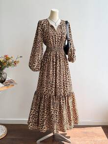 Rusttydustty Vestido de manga larga con estampado de leopardo, cintura elástica, bajo con volantes, estilo resort occidental, adecuado para festivales de música - Marrón - Ver 2