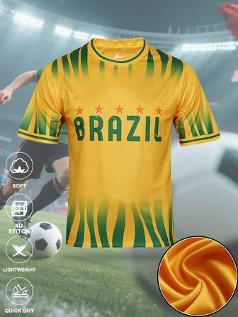 SURUIDA 1pc Brazil Men's Soccer Jersey, Digital Printing Round Neck Yellow Shirt With Green Stripes, Comfortable Sports T-Shirt Suitable For Team Matches