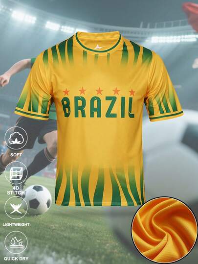 SURUIDA 1pc Brazil Men's Soccer Jersey, Digital Printing Round Neck Yellow Shirt With Green Stripes, Comfortable Sports T-Shirt Suitable For Team Matches