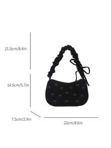 1 件黑色灯芯绒面料光滑拉链蝴蝶结印花抽绳肩带设计时尚百搭休闲纯色简约新款秋冬独特单肩包，适合女性日常使用 - 黑色 - 查看 11