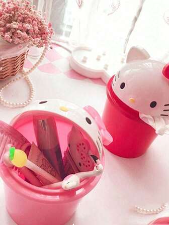 Sanrio 1 pièce Poubelle de bureau mini Hello chat & Friends Sanrio avec couvercle amovible - Décoration kawaii pour cuisine et bureau, organisateur de table basse, et cadeau de Noël