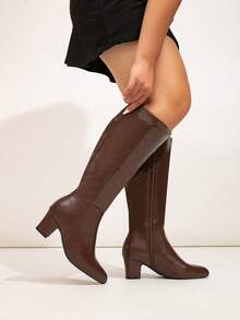 秋冬季宽楦女式欧美时尚舒适高跟粗跟优雅派对及舞会小腿靴 - 咖啡棕 - 查看 5