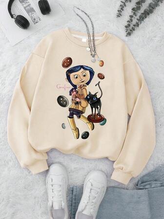 Sudadera con cuello redondo con estampado de dibujos animados para niña preadolescente, ropa casual y cómoda de moda para otoño e invierno
