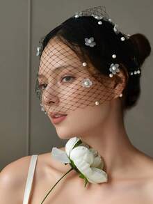 Handmade Pearl Flower Bridal Veil, Black Bird Cage Wedding Headpiece, Elegant Women Hair Accessory Suitable For Party, Banquet, Photography And Other Occasions