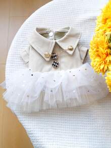 1pc Pet Clothes, Dog/Cat Apparel, Small Dog/Puppy Poodle Teddy Casual Fashion Cute Romantic Tulle Skirt Series, Beige Sequin Mini Skirt - Multicolor - View 10