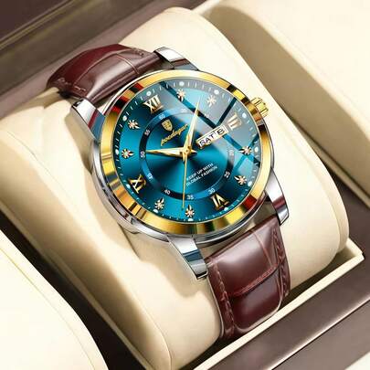  正品 POEDAGAR 手表（原装）顶级奢华男士手表 50 防水日期星期防水夜光皮革男士手表休闲男士手表运动男士石英表日本进口石英机芯返校必备礼物父亲兄弟