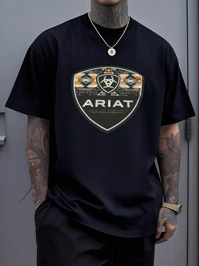 Shield Emblem With Geometric  Patterns Symbolizing Freedom Heritage And Strength Graphic On 100% Cotton Ariat Men Tshirt