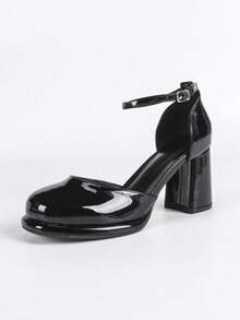 女士黑色圆头玛丽珍鞋，漆皮搭扣，优雅低帮绑带厚底粗跟鞋 - 黑色 - 查看 6