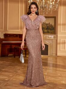 Women's V-Neck Ruffle Sleeve Glitter Patchwork Evening Party Cocktail Dress, Wedding Guest Dress, Formal Dress, Bride Dress, Birthday Outfits, Graduation Dress - Coffee Brown - View 1