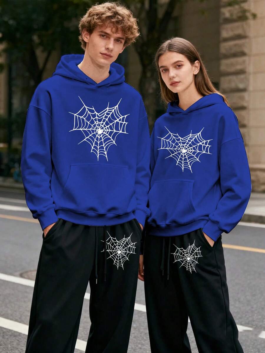 (2PC) Couple's Set Of Fashionable And Casual Printed Hoodies And Sweatpants For Both Men And Women, Autumn And Winter Men's Sportswear, Fashionable And  Sportswear Printed, Suitable For Casual Outdoor Sports And Holiday Gift Giving.Spider Web - 男士-藍色 - 查看 1