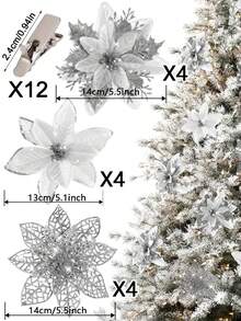 3/6/12/18/24 buc flori artificiale de Crăciun cu clipsuri, 3 stiluri ornamente de brad de Crăciun cu sclipici flori pentru ghirlandă DIY Crăciun Anul Nou petrecere decorare