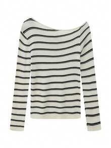 Autumn Oblique Collar Asymmetric Striped Slim Knit T-Shirt Top For Women - Apricot - View 5